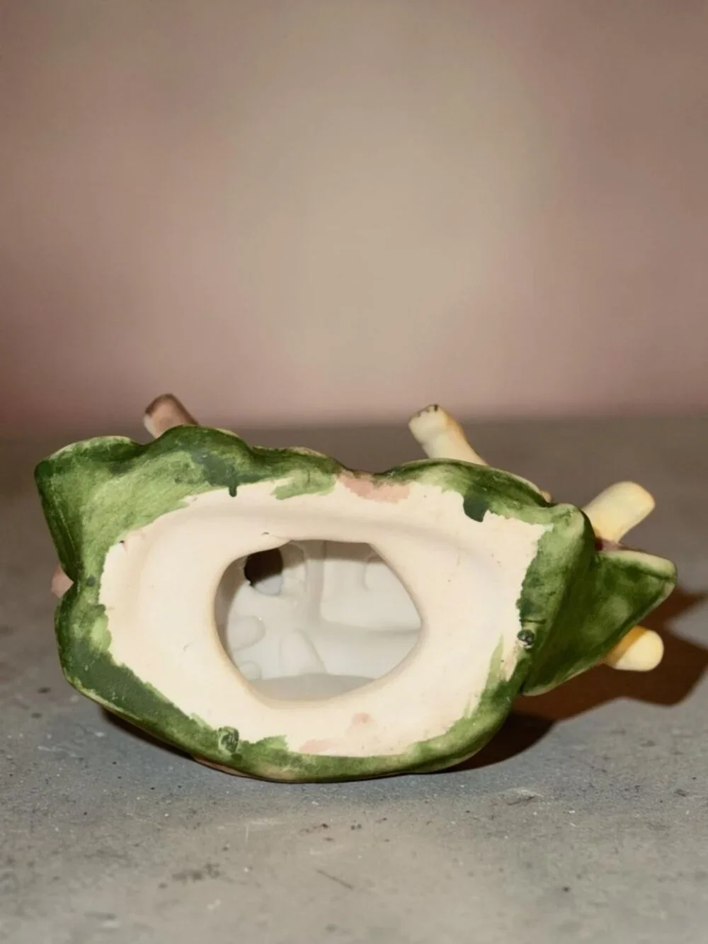 Vintage Ceramic Figurine Of Two Playful Cats On Log With Green Leaves